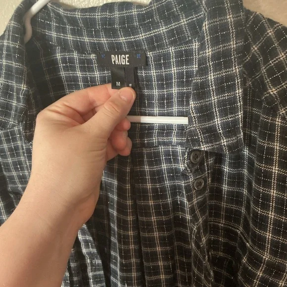 PAIGE Mya Metallic Plaid Button-Up Shirt in Dark Slate / Blue Stone Women’s M - Picture 4 of 6